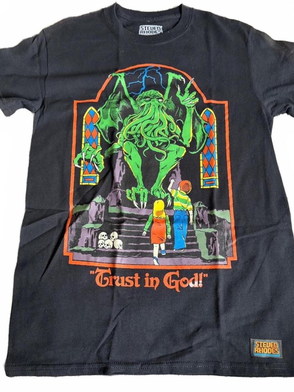 Steven Rhodes Trust in God Black Graphic T-Shirt Size Large Horror Occult